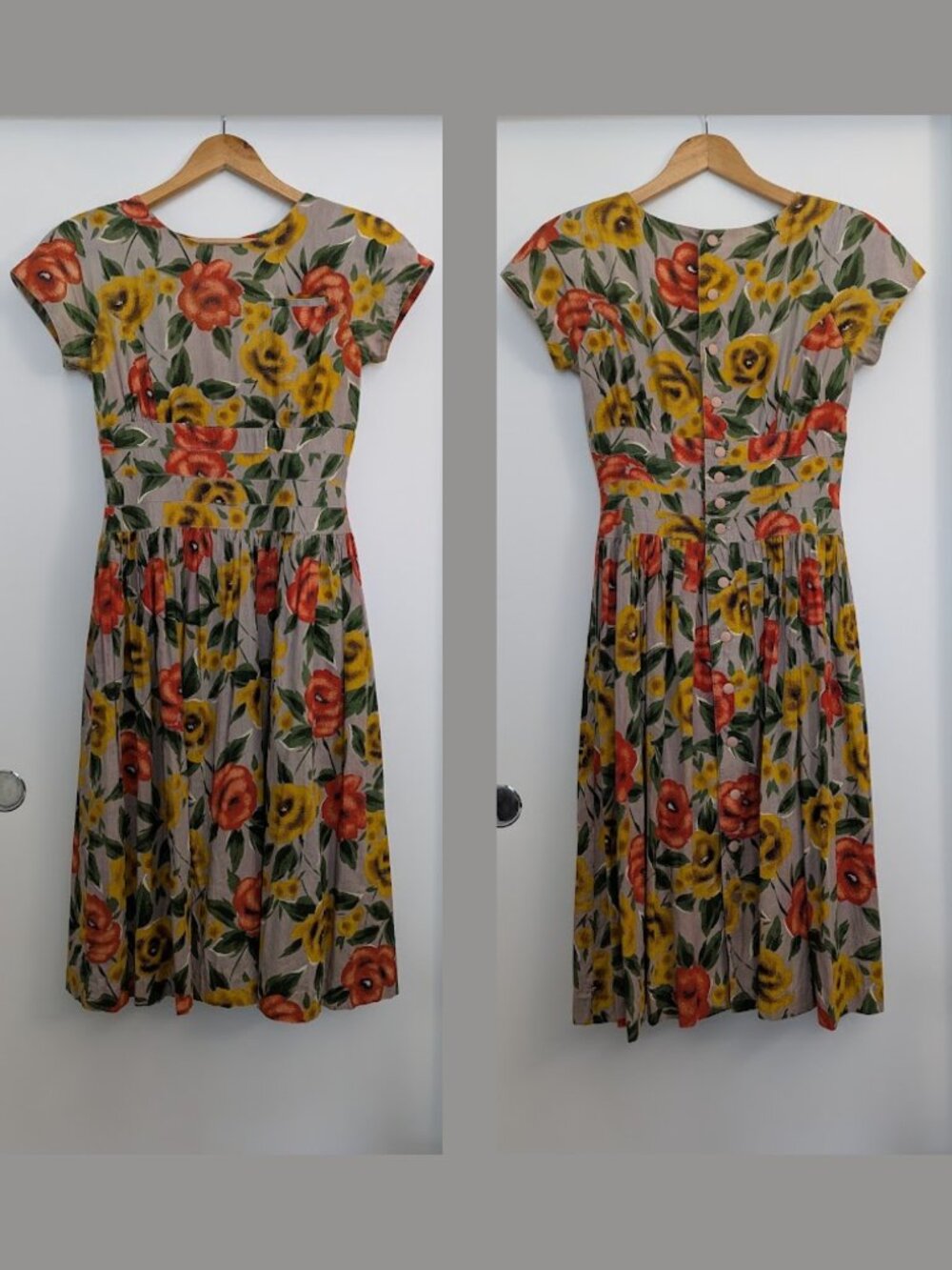 Vintage Cotton Poplin Dress Full Button Back Lined Brunch Floral Romantic - Picture 8 of 16